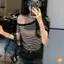 Mùa hè Retro Sọc Gợi Cảm Ngoài Vai Áo Thun Nữ Crop Top Mới
