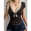 Milyfashion Pure Desire Cổ Chữ V Ren Khâu Màu Sắc Tương Phản Phối Ren Áo Thun Retro Mỏng Hơn Nhìn Ngắn Top Bé tee Ba Lê Phong Cách BQLM
