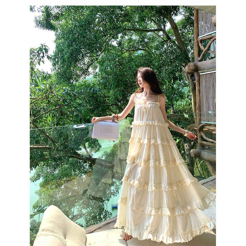 Đầm dây xoè đi biển mùa hè vintage Pháp