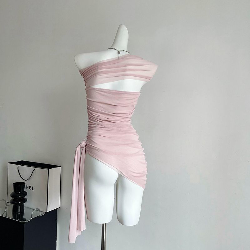 Milyfashion Mai Màu Hồng Một Vai Nhẹ Nhàng Nẹp Xếp Ly Off-Soulder Pure Desire Slim-Fit T Short Top Nữ