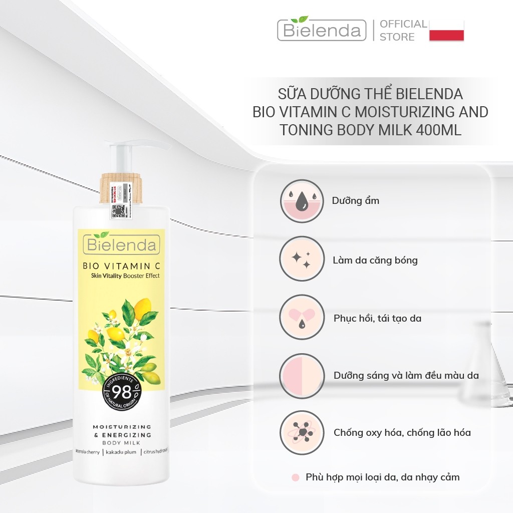 Sữa dưỡng thể Bielenda Bio Vitamin C dưỡng trắng, bảo vệ da toàn diện - 250ml/400ml
