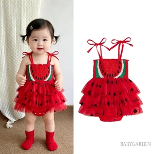 Bé Gái Dưa Hấu Áo Liền Quần Không Tay Dây Buộc Mềm Tulle Chắp Vá Quần Áo Mùa Hè