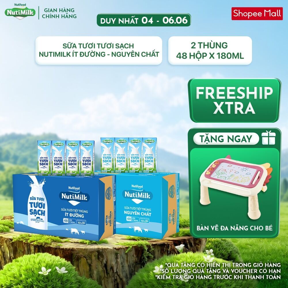 COMBO 2 Thùng 48 Hộp Sữa Tươi Tươi Sạch NutiMilk 180ml