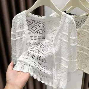 Áo len dệt kim PYCOU, Áo chống nắng hình hoa rỗng, Khăn choàng ngắn tay cổ chữ V thời trang dành cho nữ