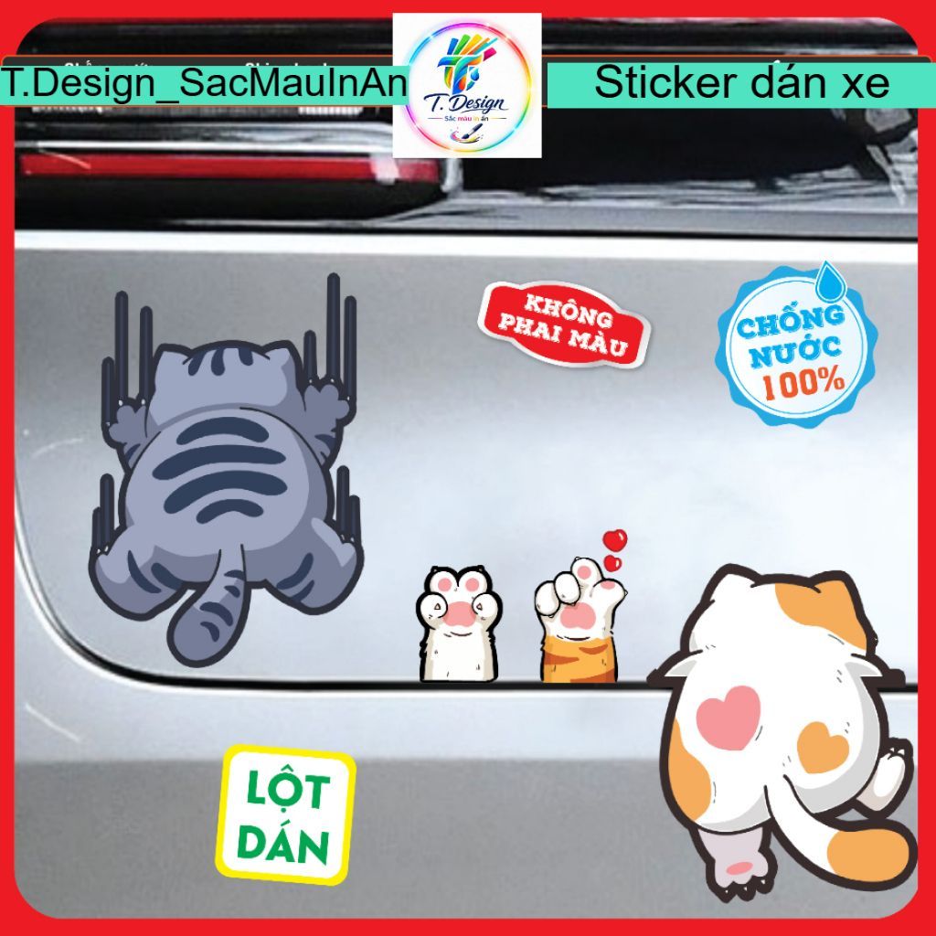 Set 5 con Mèo đi 2 chân dễ thương dán kính xe, sticker chống nước, che vết xước