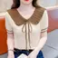 ECK Mùa Hè Hàn Quốc Ngọt Nơ Buộc Ruffle Cổ Búp Bê Tay Ngắn Đa Năng Dệt Kim Áo Sơ Mi Nữ HOT