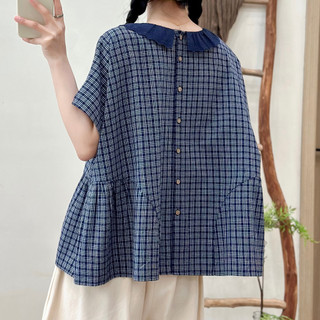 [Sẵn] Áo sơ mi nữ cổ ren cổ điển, caro, dáng rộng tay ngắn, vải cotton linen cao cấp