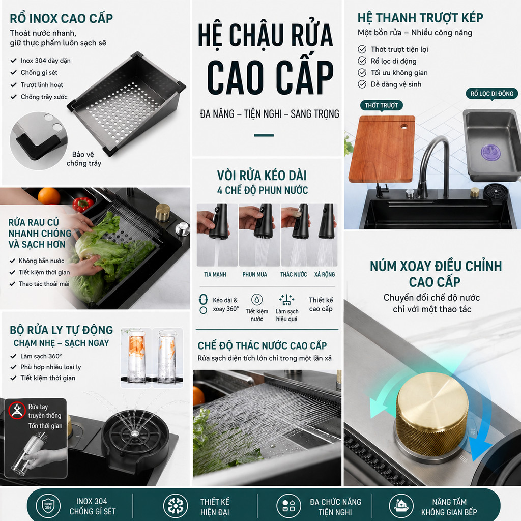 Chậu Rửa Bát 1 Hố chén inox 304 cao cấp có phím đàn điều khiển và vòi xịt rửa ly cốc chống trầy xước tốt