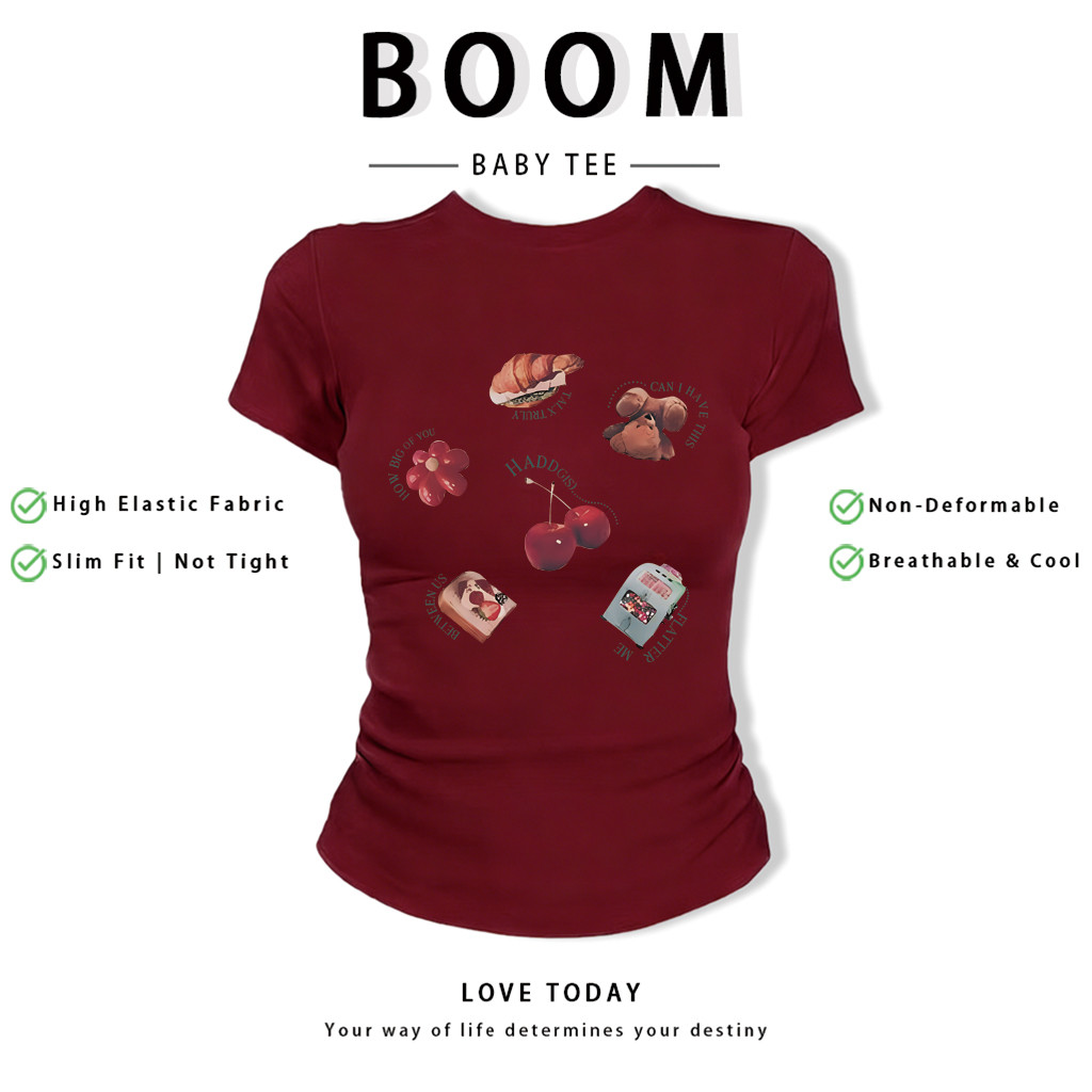 BOOM Áo Baby Tee Nữ Cotton Ôm Body-Áo Thun Ngắn Tay Y2K In Hình PhongCách Mùa Hè, Cổ Tròn Hàng Đầucách hàn quốc phong110