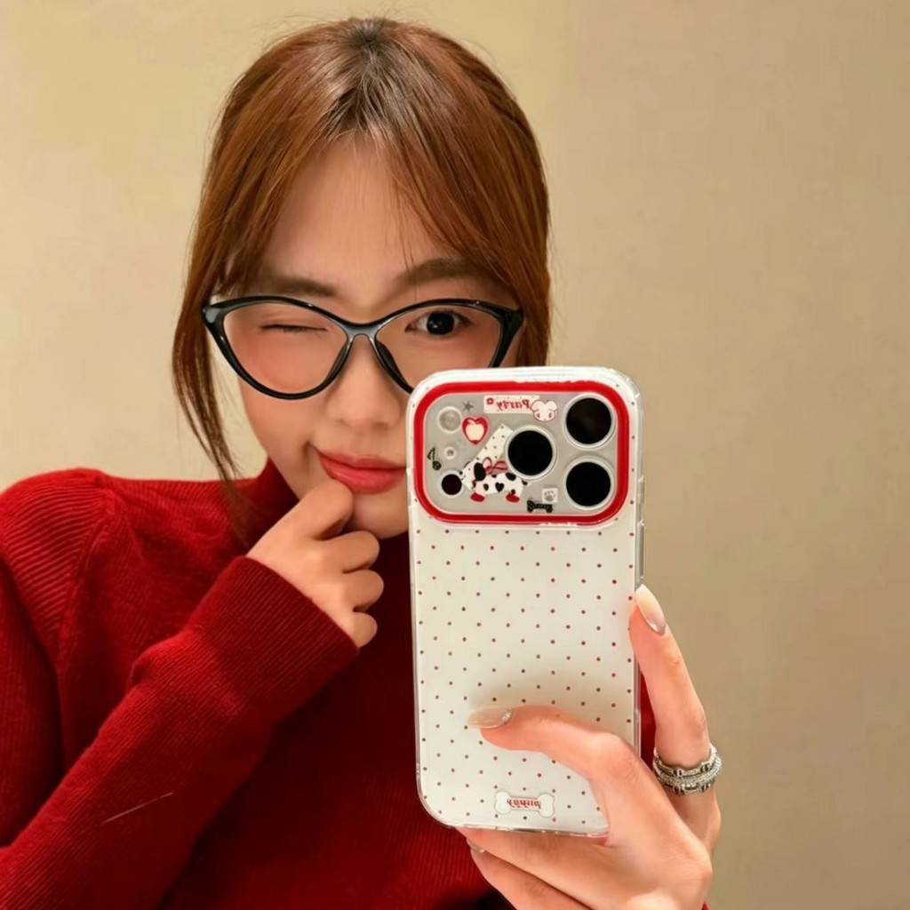 Đơn Giản Chấm Bi Màu Đỏ Hoạt Hình Chó Thích Hợp Cho Apple 17PROMAX Ốp Lưng Điện Thoại iPhone16 Nữ 14 Hai Lớp 13