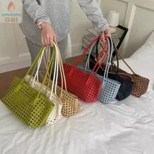 Túi Tote dệt GIL, Túi đeo vai rỗng dung tích lớn bằng da PU, Rỗng ra 25x17x12cm có túi bên trong Túi xách da PU đi biển