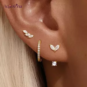AqToCna 3 Thời Trang Zirconia Hoa Trái Tim Huggie Vòng Bông Tai Bộ Dành Cho Nữ Tinh Tế Mặt Dây Chuyền Tai Khuyên Trang Sức Quà Tặng AqToCna