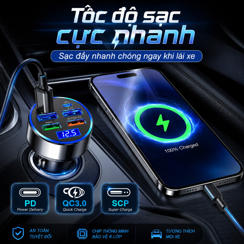 Tẩu Sạc Ô Tô Nhanh 12V/24V, 6 Cổng USB C PD QC3.0, Sạc Nhanh 300W Có Đèn LED, Màn Hình Hiển Thị