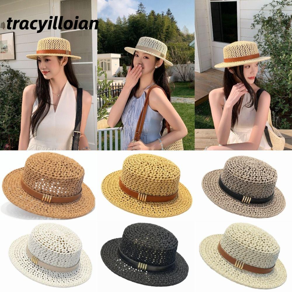 TRACEILLOIAN Mũ Rơm Rỗng, Dệt Tay Nhẹ Che Nắng Mũ Rơm, Lưới Rộng Vành Có Thể Điều Chỉnh Phong Cách Vintage Flat Top Mũ Rơm Bên Biển