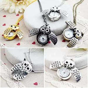 Đồng hồ treo vòng cổ AWNGD, Đồng hồ bỏ túi móc khóa nhỏ phong cách lật, Thời trang trên dây chuyền Phim hoạt hình Cú dễ thương Đồng hồ trẻ em Mặc hàng ngày