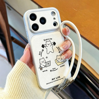 Ốp điện thoại hình mèo "My Life Cycle" ngộ nghĩnh cho iPhone 17 / 16 / Pro Max / 15Plus / 14 / 13 / 12 / 11 / Kết cấu da phủ kim loại Bảo hiểm toàn diện Vỏ bảo vệ dây buộc da và chống sốc