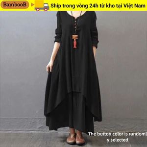 Váy dài hai mảnh giả BAMBOOB, Váy xoay phong cách văn học Polyester, Váy vải lanh Xuân Thu