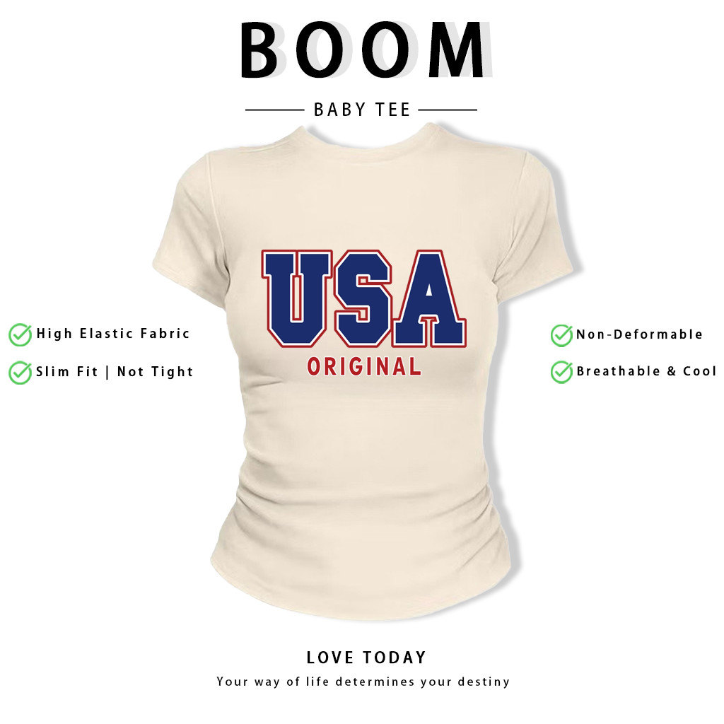 BOOM Áo Baby Tee Nữ Cotton Ôm Body-Áo Thun Ngắn Tay Y2K In Hình PhongCách Mùa Hè, Cổ Tròn Hàng Đầucách hàn quốc phongV13