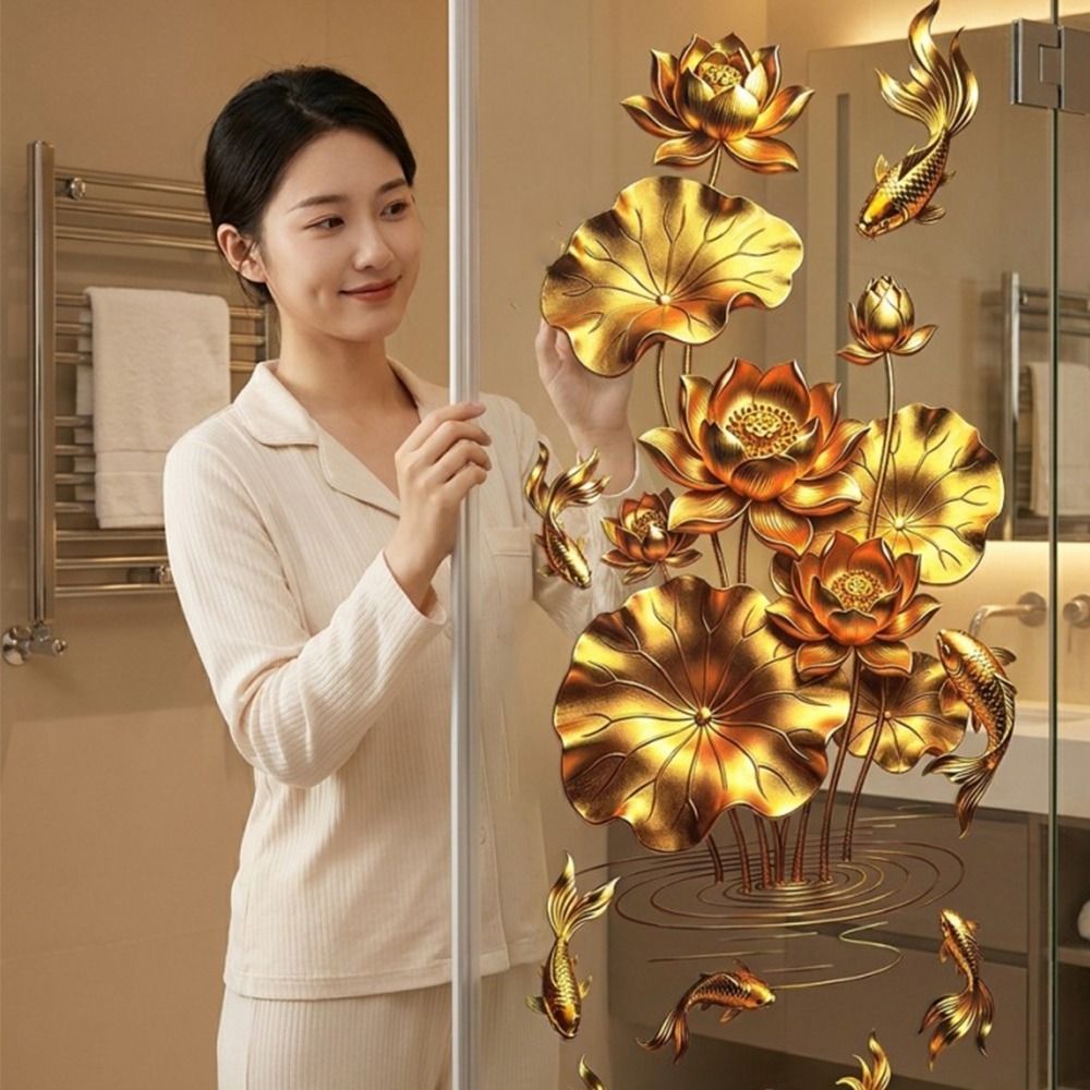 Nhãn dán tường hoa Koi sen vàng chống tĩnh điện LAKAM, trang trí phòng tắm, khách, ngủ phong cách Trung Quốc
