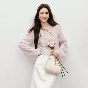 Áo sơ mi voan ngọt ngào màu hồng mùa xuân phong cách mới dành cho nữ Áo ngắn cổ một dòng có viền