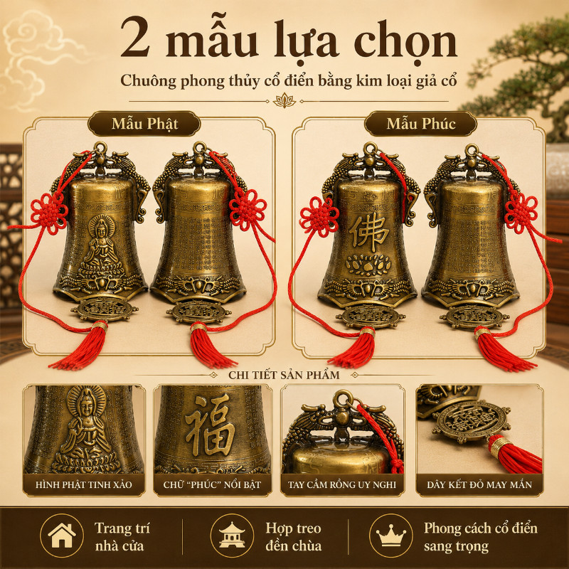 Chuông gió phong thủy bằng đồng khắc chữ Phúc tượng Quan Âm chiêu tài lộc may mắn bình an