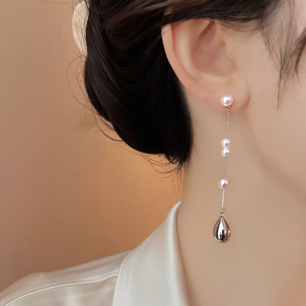 Bông tai tua rua ngọc trai thả nước đa năng bạc