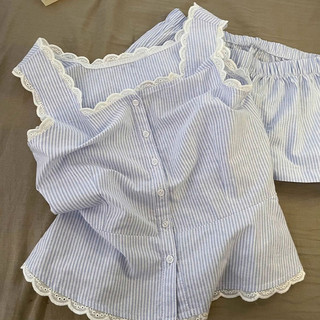 Nova-Bộ đồ mặc nhà nữ set kẻ sọc xanh phối viền ren dễ thương mặc nhà đơn giản tiểu thư mùa hè ba lỗ