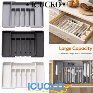 ICUCKO Bộ sắp xếp ngăn kéo dao kéo có thể mở rộng, Hộp lưu trữ Khay đựng đồ dùng bằng nhựa, Bộ chia hữu ích Bộ chia dao kéo có thể điều chỉnh đa chức năng Muỗng nĩa