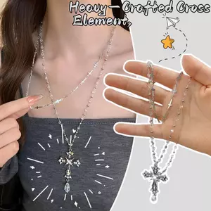 Hai Lớp Đính Hạt Vòng Cổ Dài Y2K Thiên Niên Kỷ Hợp Thời Trang Chữ Thập Mặt Dây Chuyền Nữ Trang Sức Phụ Kiện
