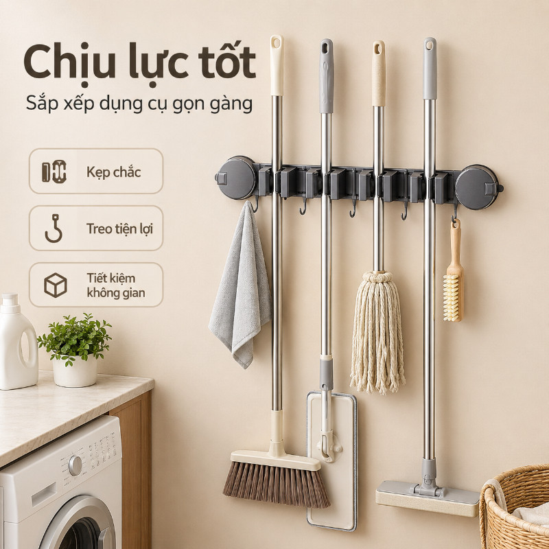 Thanh móc kẹp chổi,Hút Chân Không Gắn Tường,móc treo cây lau nhà đa năng dán tường,Không Hỏng Tường