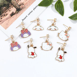 Hoạt Hình Mini Sanrio Kuromi Giai Điệu Hello Kitty Ngôi Sao Delu Yugui Chó Hợp Kim Trang Sức Bông Tai Mạ