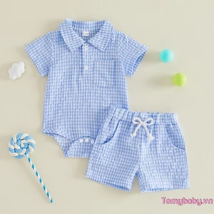 Bộ áo liền quần ngắn tay kẻ sọc có cổ nửa nút + quần Short trang phục mùa hè 2 mảnh