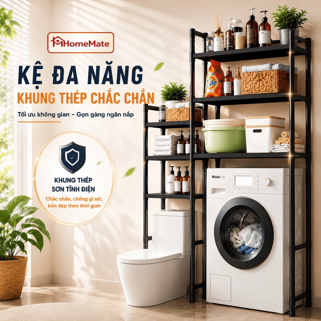 Kệ Máy Giặt Đa Năng HomeMate 3–4 Tầng Khung Thép Carbon Chắc Chắn, Kệ Để Đồ Nhà Tắm Tiết Kiệm Không Gian