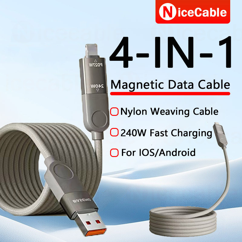 Cáp dữ liệu từ tính 4 trong 1 USB / Type C sang Type C / IOS PD240W Cáp dữ liệu dệt Nylon siêu nhanh Cáp dữ liệu từ tính có thể đảo ngược cho iOS / Android
