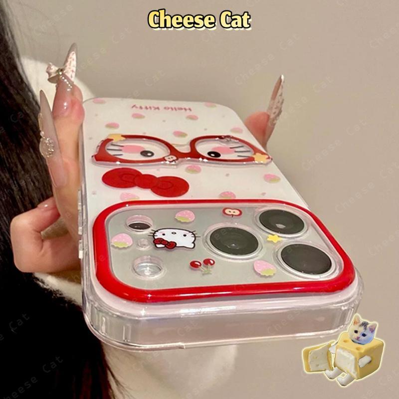 Ốp Lưng Điện Thoại Khung Kính Màu Đỏ Dâu Kitty Nhút Nhát Cho iPhone 17 Pro Max 13 12 11 15 16 Plus Xs Max XR