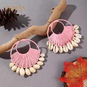 PNPIA- Raffia Dệt Tay Phóng Đại Lớn Đôi Tròn Vỏ Nhiều Lớp Bông Tai Vỏ Bãi Biển Resort Phong Cách