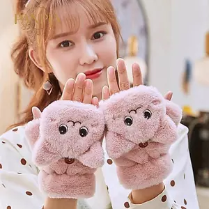 PNPIA- Nữ Sang Trọng Ấm Găng Tay Lông Thỏ Đáng Yêu Mèo Găng Tay Lật Ngón Găng Tay Mềm Mại Bé Gái Thi Găng Tay Linh Hoạt Nửa Ngón Mùa Đông