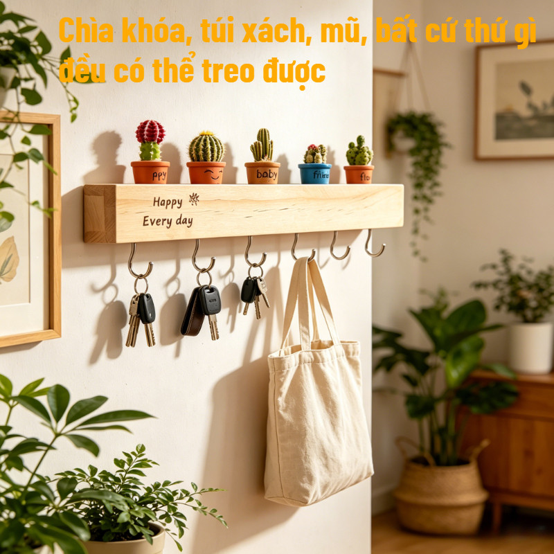 móc treo chìa khóa gỗ nguyên khối dán tường không khoan kệ treo đồ lối vào decor nhà