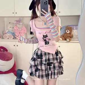 Bộ đồ phong cách Pure Desire Hot Girl Áo ngắn tay dễ thương ngọt ngào + Tay sọc cầu vồng + Bộ đồ ba mảnh váy ca rô