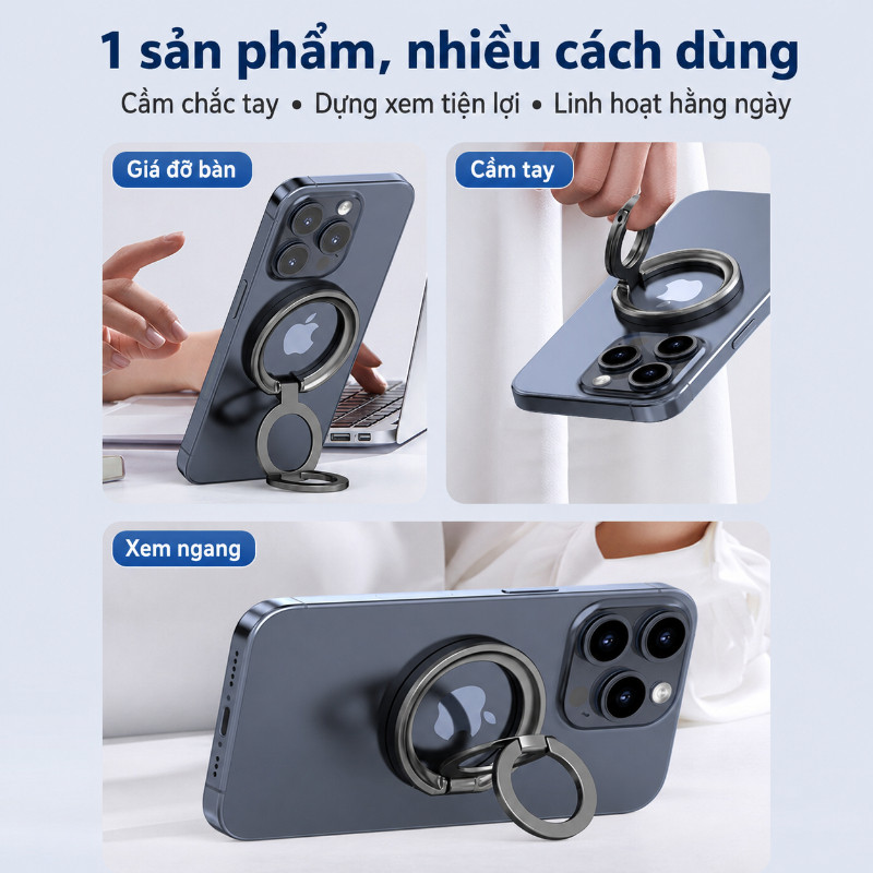 Giá Đỡ Điện Thoại 2 Trong 1 - Kết Hợp Vòng Từ Kép & Chân Gập, Tháo Rời Tiện Dụng, Tương Thích MagSafe