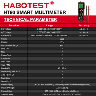 D (Bảo Hàng 1 Năm)HABOTEST HT93 Máy đo điện áp vạn năng kỹ thuật số thông minh 2000 Máy đo điện áp đếm NCV AC/DC