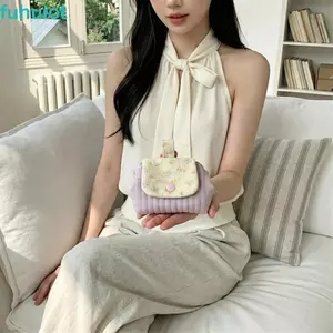 Túi lưu trữ tai nghe chăn bông FUHUIOT, Chấm bi màu tương phản Nút chụp mini Ví đựng tiền xu, Hộp đựng thẻ hoa mini nhẹ thời trang Sử dụng hàng ngày