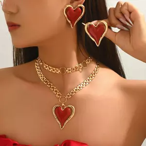 Bộ trang sức trái tim WEETW, Dây chuyền hai lớp Chunky Dây chuyền tuyên bố, Phong cách kim loại Khoét trái tim Men trái tim đào đỏ Vòng cổ trái tim mặc thường ngày