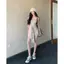 Váy đeo chéo màu xám giả hai mảnh có dây buộc nữ mùa hè Slim-Fit Hot Girl Váy ngắn có đệm ngực