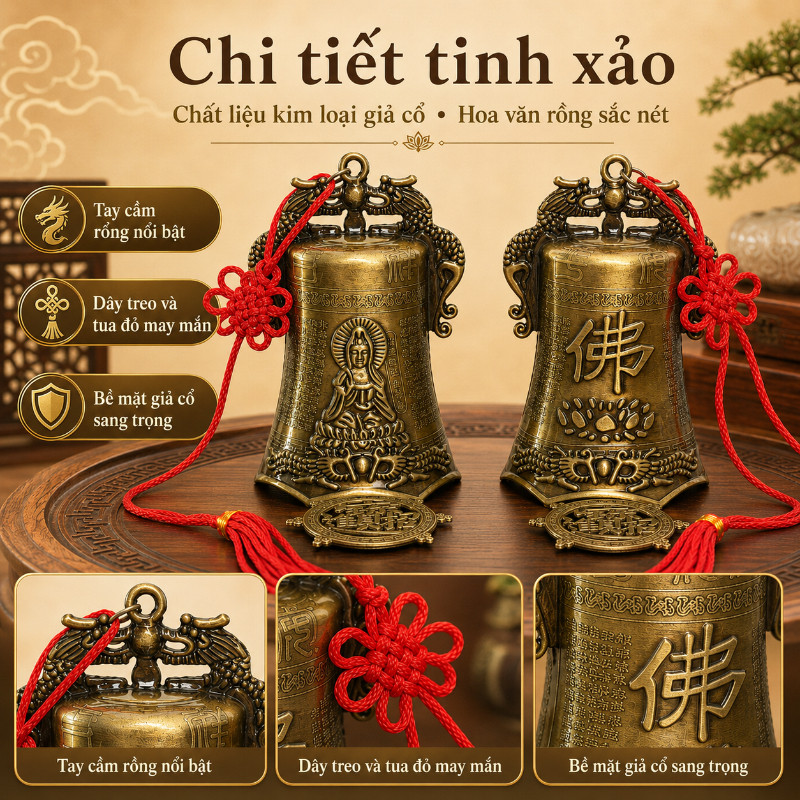 Chuông gió phong thủy bằng đồng khắc chữ Phúc tượng Quan Âm chiêu tài lộc may mắn bình an