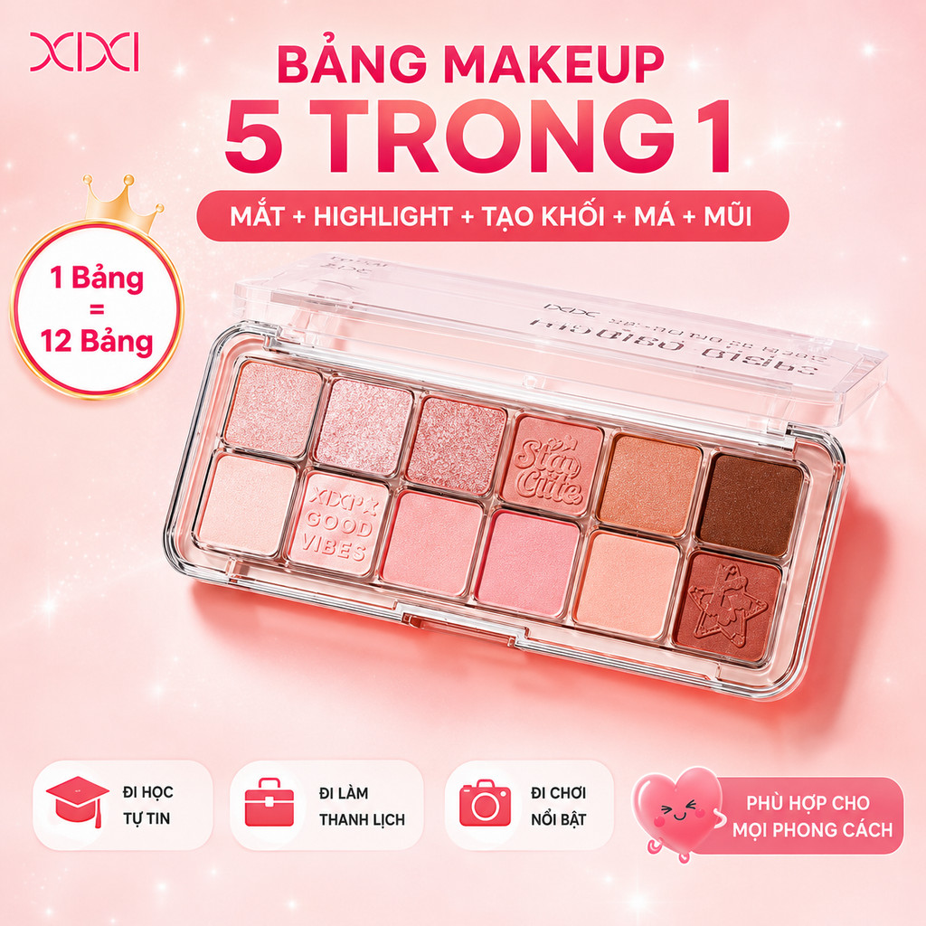 XIXI Bảng Phấn Mắt 12 Ô Tông Nâu Cam, Nhũ Mịn, Lên Màu Chuẩn, Dễ Tán, Lâu Trôi, Hợp Tân Thủ D820
