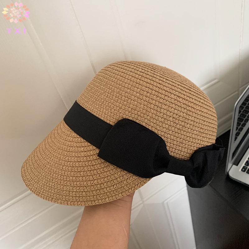 Y.X.I Mùa Hè Mũ Rơm Cho Nữ Du Lịch Ngoài Trời Đi Biển Kỳ Nghỉ Mũ Vintage Nơ Mũ Bé Gái Pháp Flat Top Tấm Che Nắng Mũ Mới