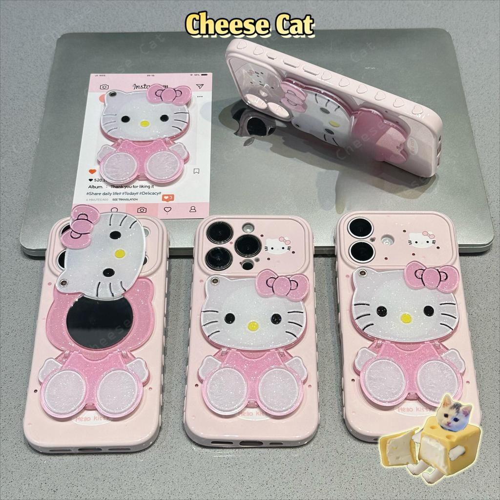 Ốp điện thoại hình gương trang điểm màu hồng lấp lánh hình Kitty màu hồng cho iPhone 17 Pro Max 15 16 13 15 14 12 11 Pro