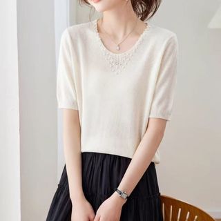 Dệt Kim Nữ Tay Ngắn Nữ Mỏng Phong Cách Mùa Hè Cổ Chữ V Thời Trang Phù Hợp Với Áo Thun Lụa Băng Đơn Giản 20