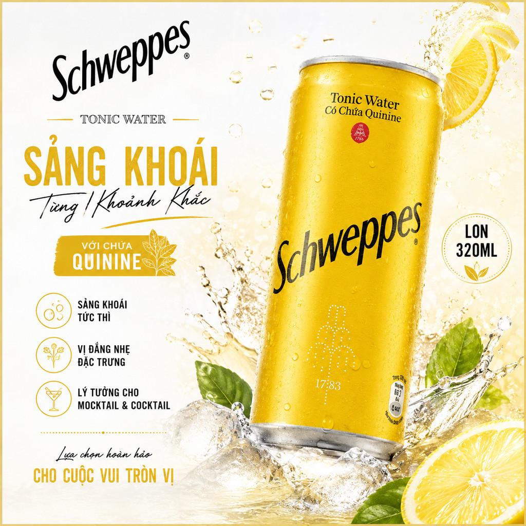 Nước Tonic Schweppes 320ml Nguyên Liệu Pha Chế Sảng Khoái, Thanh Mát